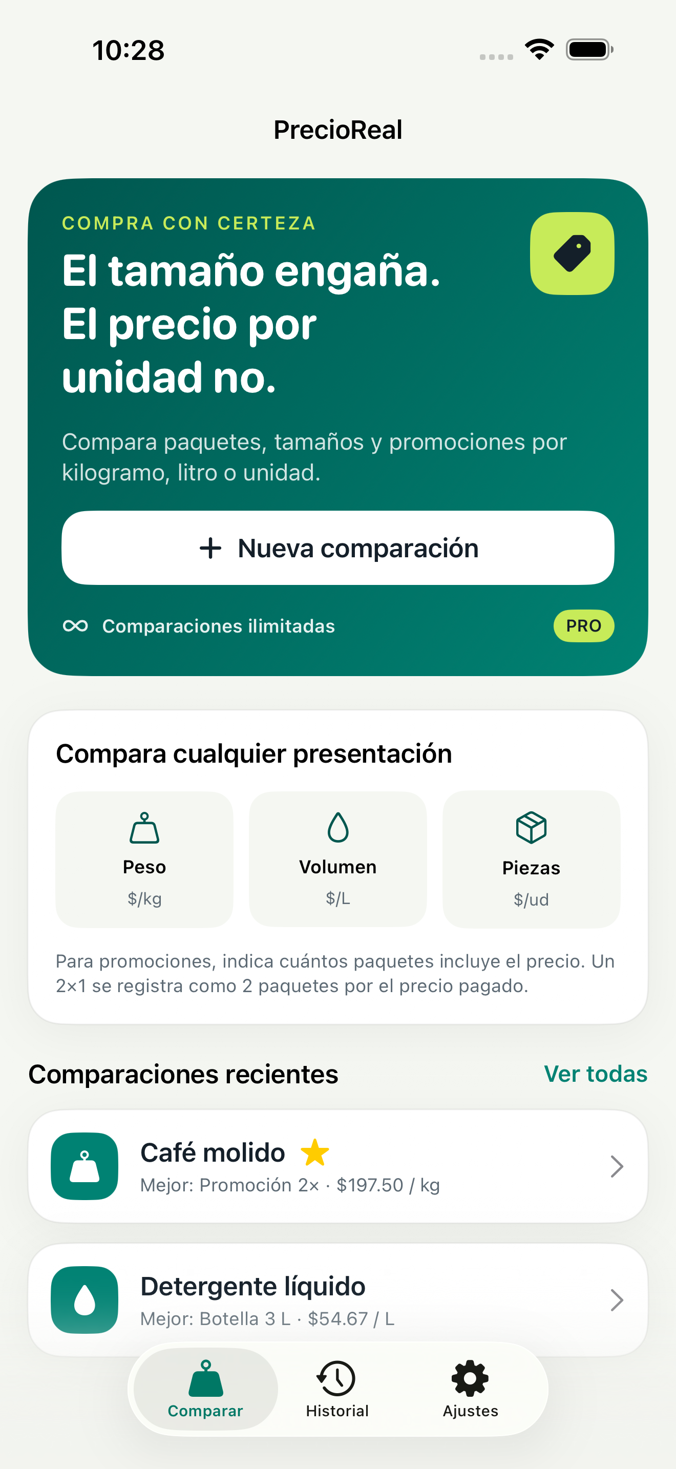 Pantalla principal de PrecioReal