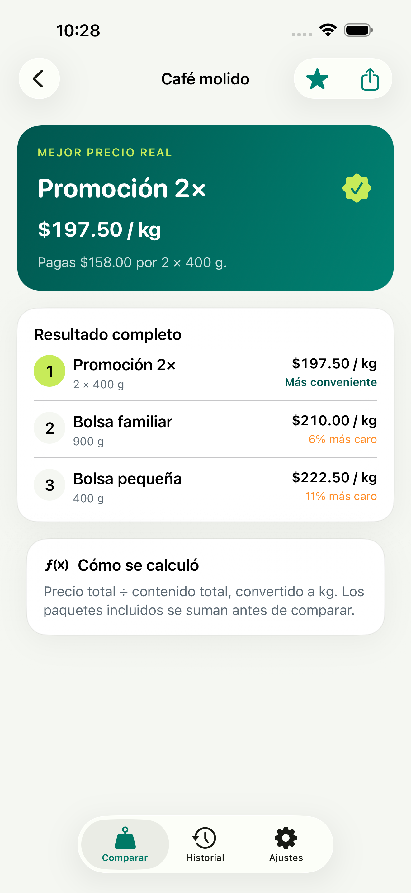 Resultado de una comparación en PrecioReal
